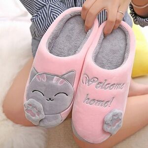 Plush Soft Cat Welcome Home Warm Non-Slip Indoor Shoe Slippers Pink Gray 38